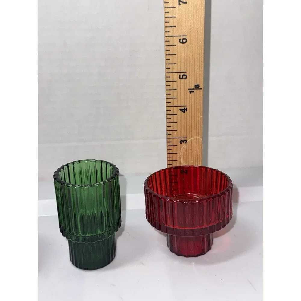 4 Candle (Taper or Votive) Or Toothpick Holders Glass Green & Red Christmas